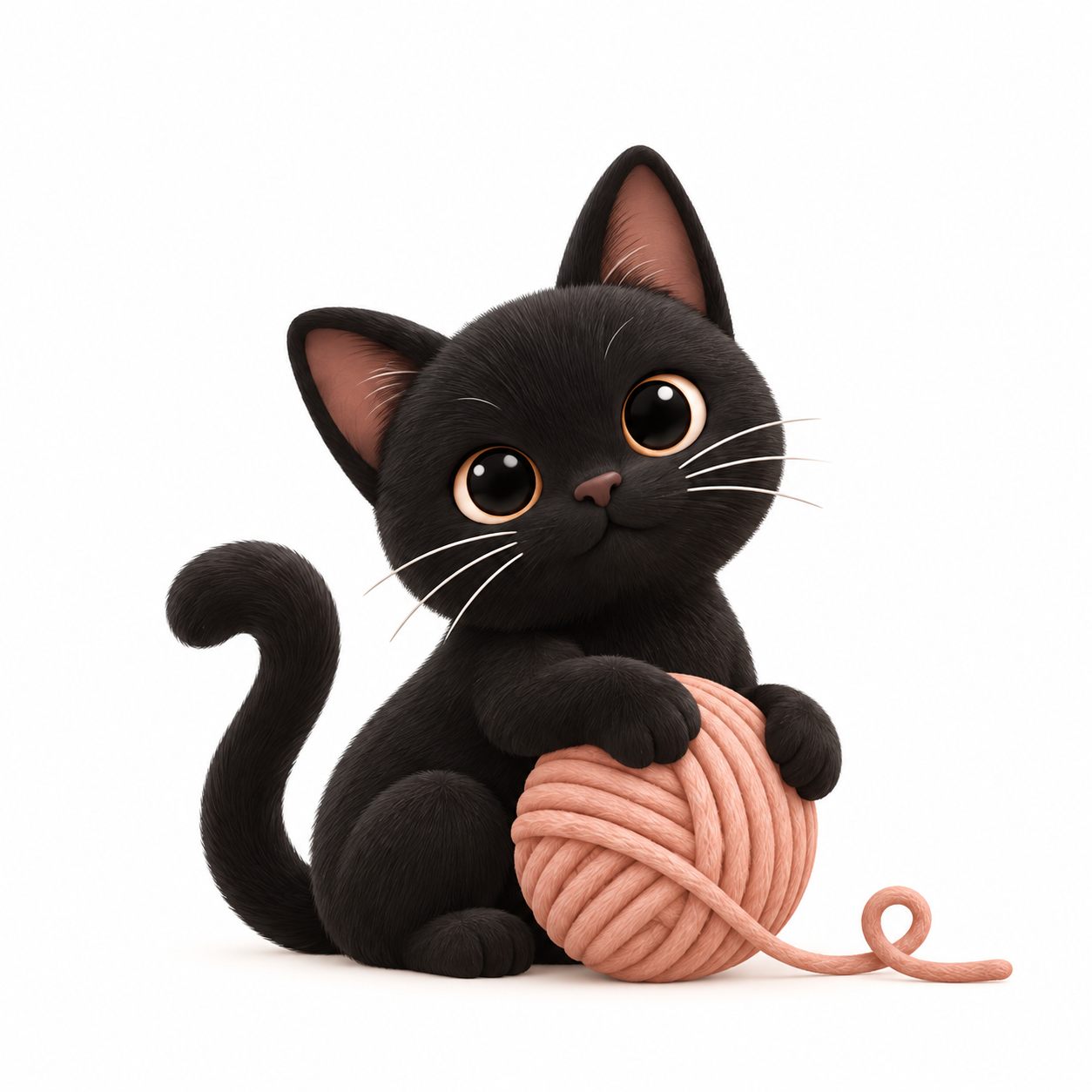 Siyah kedi maskotumuz Maya, şeftali renkli ip yumağıyla